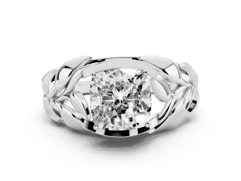Cushion Cut Diamond Leaf-Inspired Engagement Ring Set in White gold with Round Accents