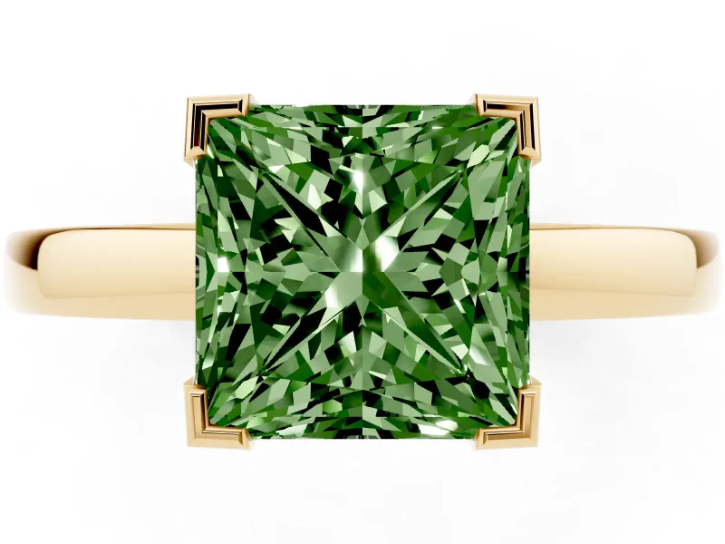 Fancy Green Princess Cut Diamond Solitaire Ring Set in Yellow gold with Prong Head and Smooth Polished Band