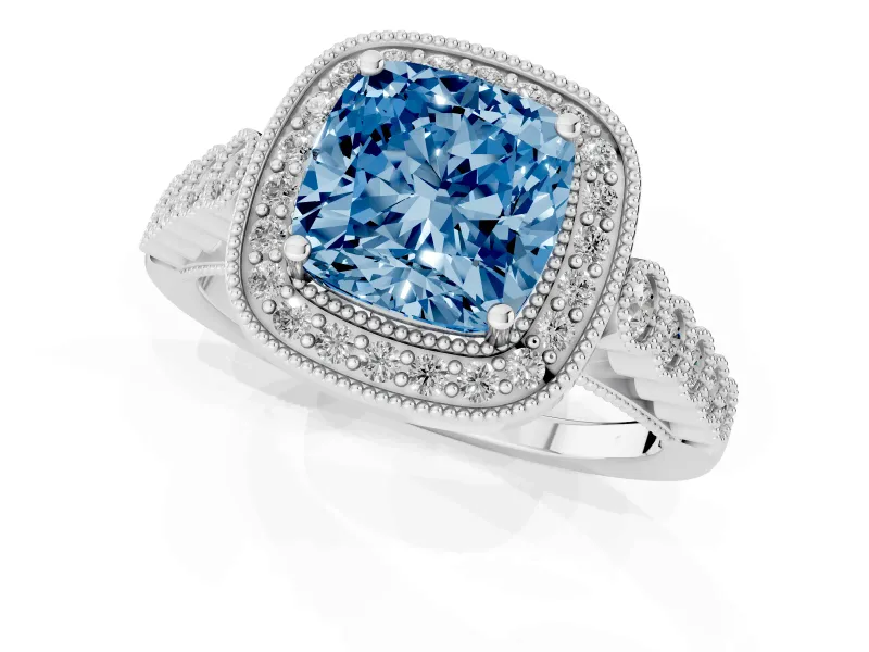 Cushion Cut Graduated Milgrain Halo Engagement Ring Setting for a Fancy Blue Lab-Grown Diamond | White Gold
