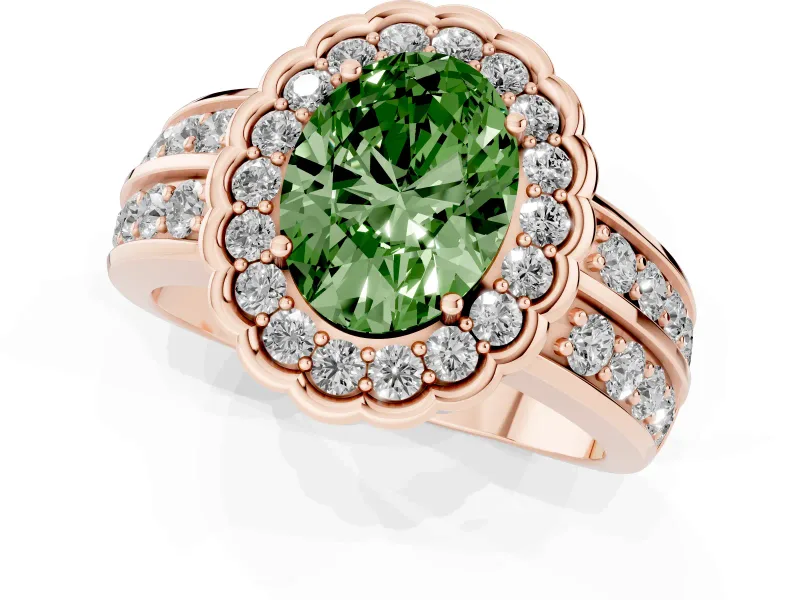 Fancy Green Oval Cut Diamond Scalloped Halo Ring Set in Rose gold with Pavé Split Shank