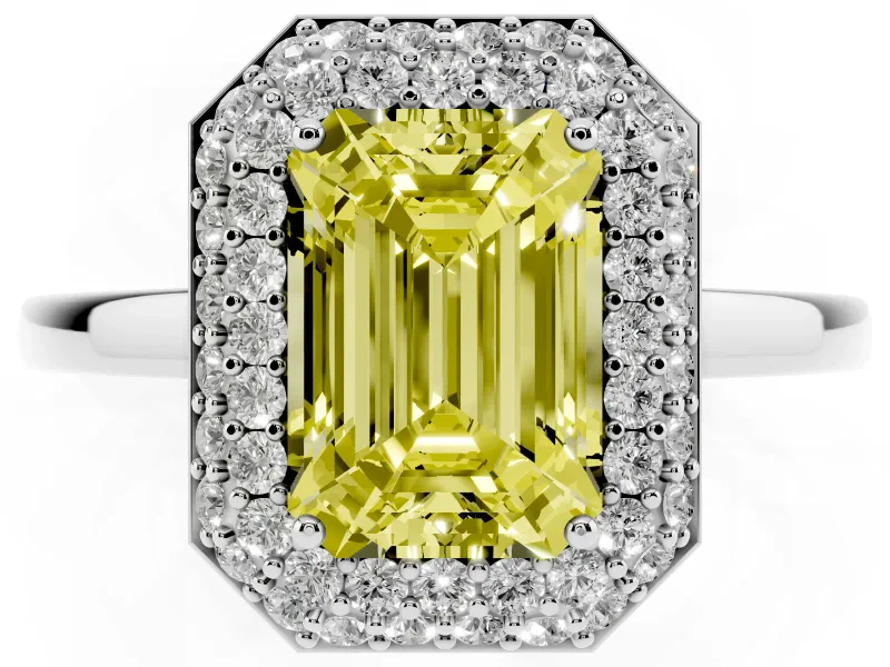 Fancy Yellow Emerald Cut Diamond Halo Engagement Ring Set in White gold with Solitaire Band and Prong Setting