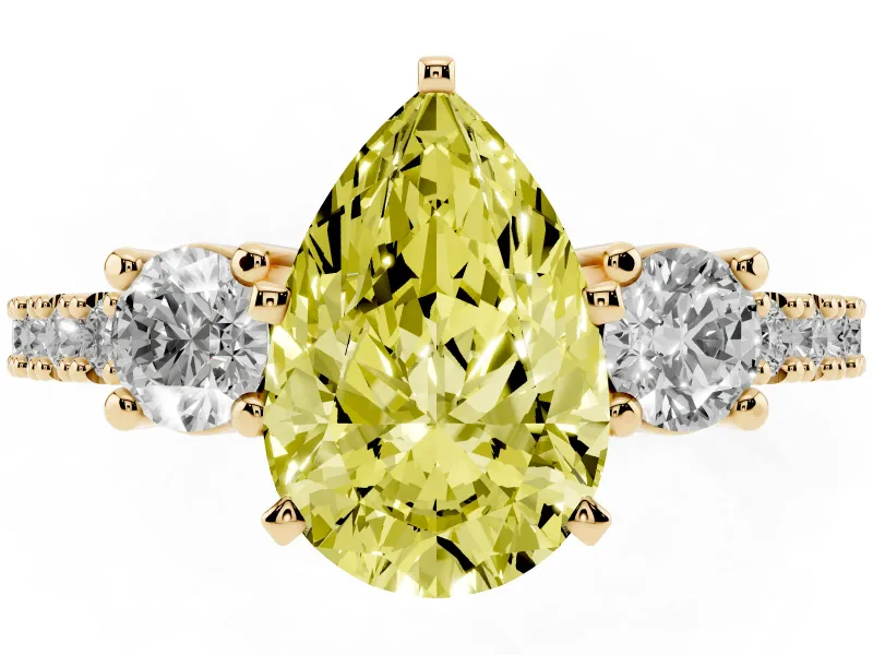 Pear-Shaped Three Stone Engagement Ring Setting for a Fancy Yellow Lab-Grown Diamond | Pavé Band | Yellow Gold