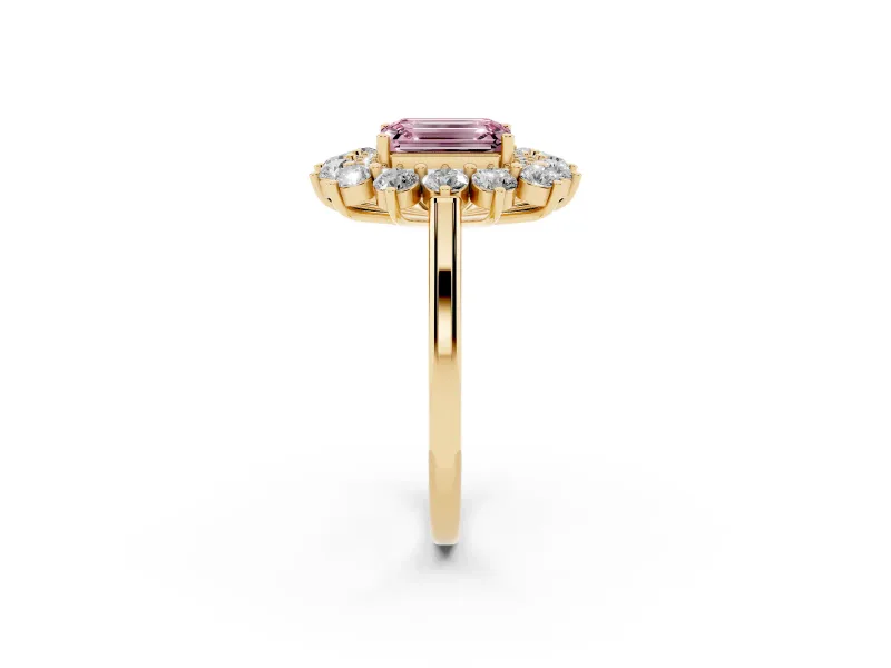 Emerald Cut Floral Double Halo Engagement Ring Setting for a Fancy Pink Lab-Grown Diamond | Plain Band | Yellow Gold