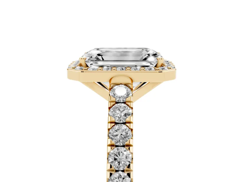 Emerald Cut Halo Pavé Engagement Ring Setting | Single Row Shoulders | Yellow Gold