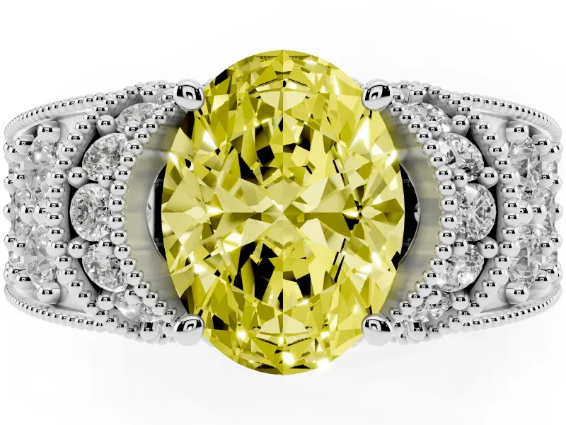 Oval Vintage Milgrain Pave Engagement Ring Setting for a Fancy Yellow Lab-Grown Diamond | Crescent Side Rows | Platinum