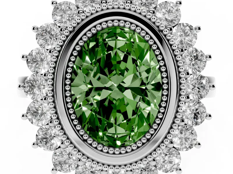Fancy Green Oval Cut Diamond Halo Ring Set in Platinum with Milgrain Edge and Round Prong Setting