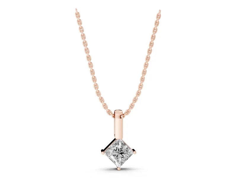 Princess Cut Lab-Grown Diamond Solitaire Pendant Necklace | Tall Bar Bail | Rose Gold