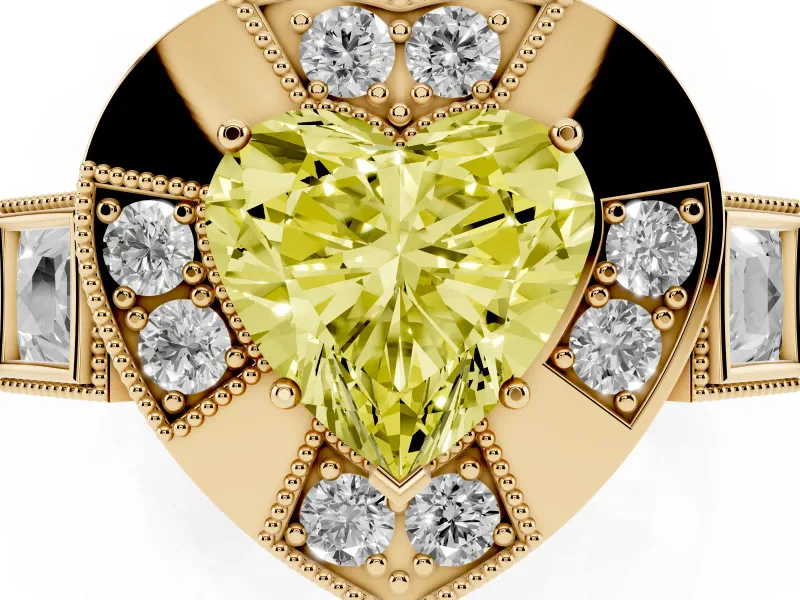 Heart-Shaped Milgrain Sectioned Halo Engagement Ring Setting for a Fancy Yellow Lab-Grown Diamond | Yellow Gold