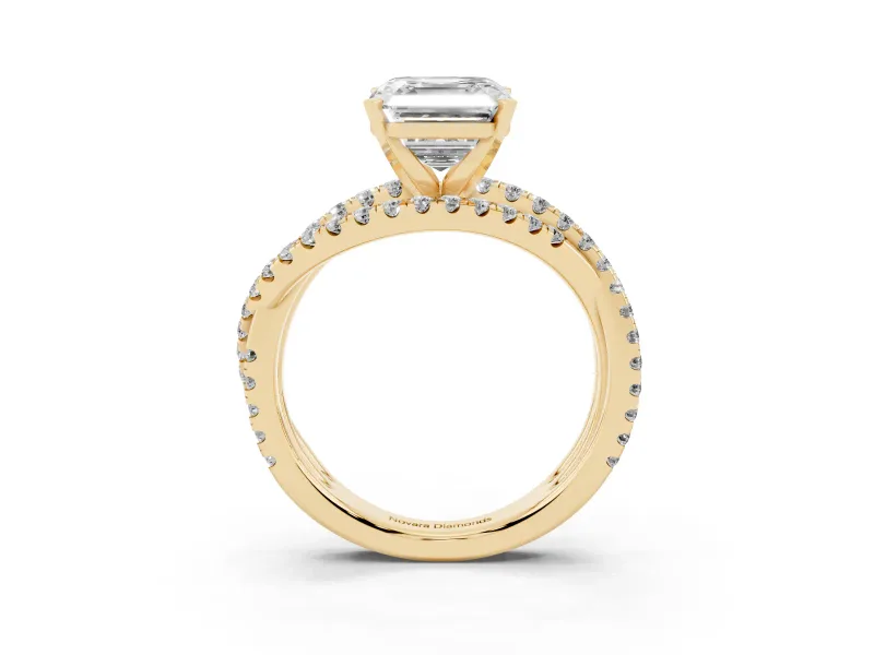 Asscher Cut Diamond Solitaire Twist Band Ring Set in Yellow gold with Pavé Setting and Prong Head