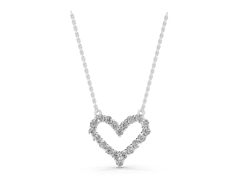 Round Lab-Grown Diamond Open Heart Pendant Necklace | Fixed Between Chains | Sterling Silver