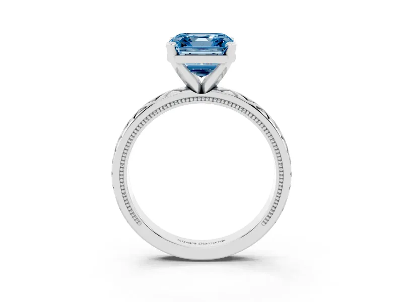 Fancy Blue Asscher Cut Diamond Solitaire Ring Set in Platinum with Milgrain and Black Enamel X Pattern Band