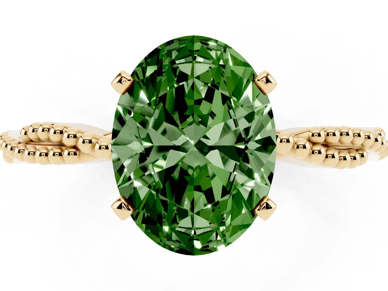 Fancy Green Oval Cut Diamond Solitaire Ring Set in Yellow gold with Twisted Band and Bead Prong Setting