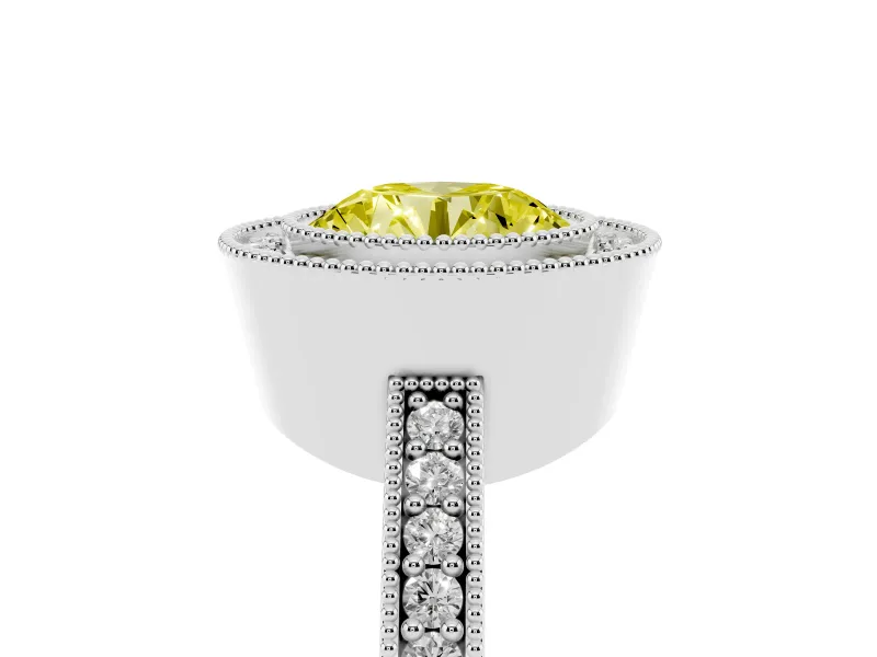 Fancy Yellow Round Cut Diamond Halo Engagement Ring Set in Platinum with Pavé Band and Round Halo Stones