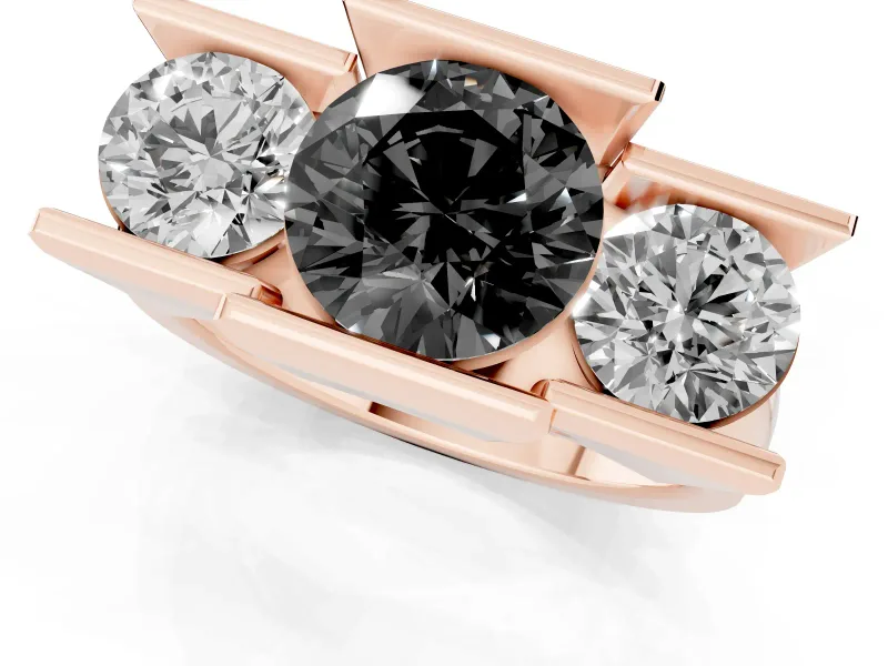 Fancy Black Round Cut Diamond Three-Stone Channel Set Ring Set in Rose gold with Smooth Polished Band