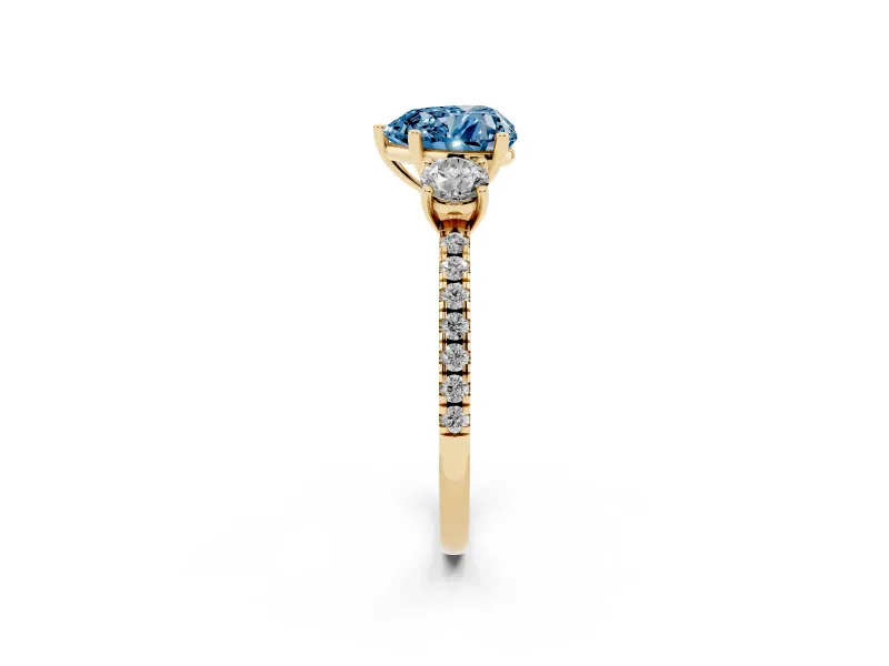 Heart-Shaped Three Stone Engagement Ring Setting for a Fancy Blue Lab-Grown Diamond | Pave Shoulders | Yellow Gold