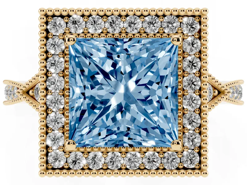 Princess Cut Milgrain Halo Engagement Ring Setting for a Fancy Blue Lab-Grown Diamond | Graduated Pavé | Yellow Gold