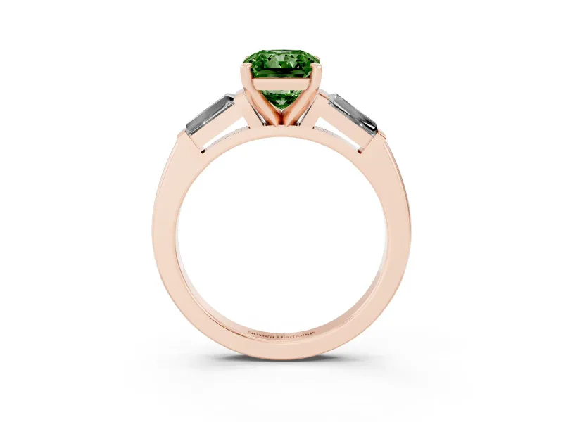 Fancy Green Radiant Cut Diamond Solitaire Ring Set in Rose gold with Tapered Baguette Side Stones and Prong Setting