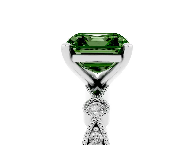 Fancy Green Asscher Cut Diamond Solitaire Engagement Ring Set in Platinum with Milgrain Bezel Accent Band