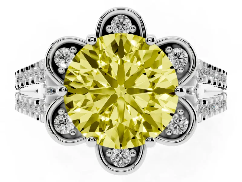 Round Petal Frame Floral Halo Engagement Ring Setting for a Fancy Yellow Lab-Grown Diamond | Pavé Split Shank | Platinum