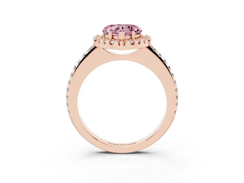 Heart-Shaped Pave Halo Engagement Ring Setting for a Fancy Pink Lab-Grown Diamond | Pave Band | Rose Gold