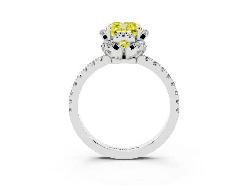 Fancy Yellow Cushion Cut Diamond Halo Pavé Band Ring Set in Silver with Prong-Held Center