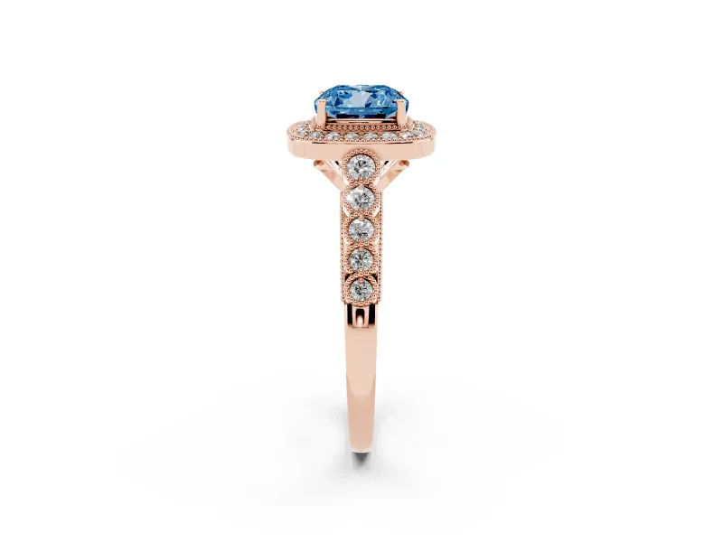 Cushion Cut Graduated Milgrain Halo Engagement Ring Setting for a Fancy Blue Lab-Grown Diamond | Rose Gold