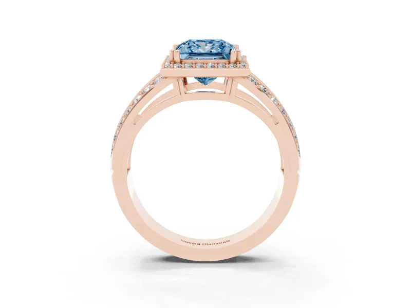 Princess Cut Halo Engagement Ring Setting for a Fancy Blue Lab-Grown Diamond | Two-Row Pave Split Shank | Rose Gold
