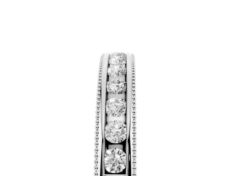 Round Diamond Channel Wedding Band Set in Platinum with Milgrain Edges