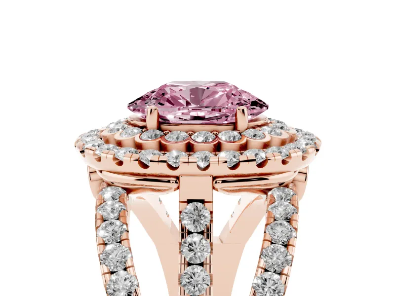 Oval Double Halo Split Shank Engagement Ring Setting for a Fancy Pink Lab-Grown Diamond | Pave Strands | Rose Gold