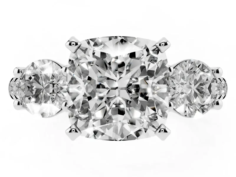Three-Stone Cushion Cut Diamond Pavé Band Ring Set in Silver with Prong-Set Trio