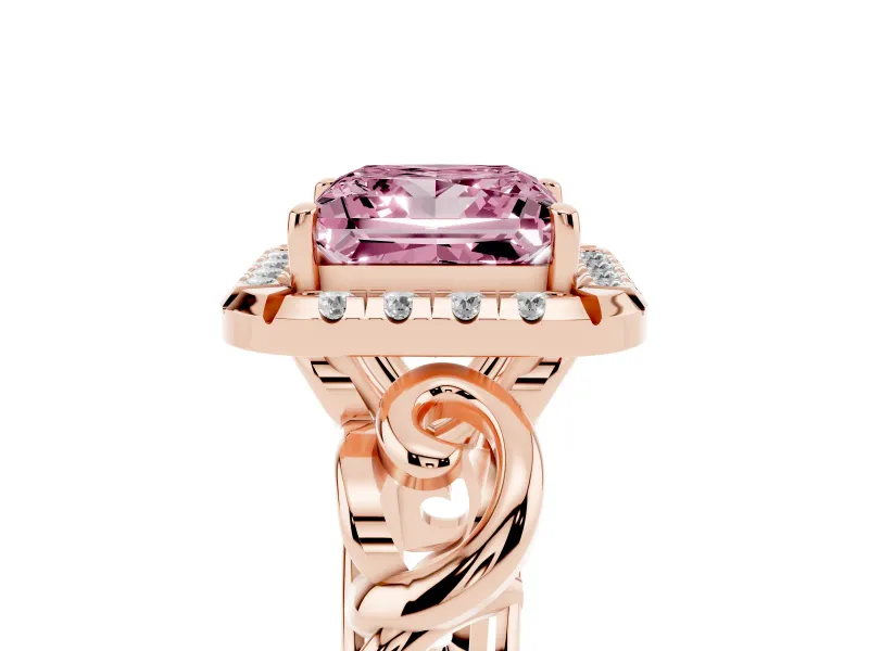 Fancy Pink Princess Cut Diamond Halo Ring Set in Rose gold with Scrollwork Band and Prong Setting