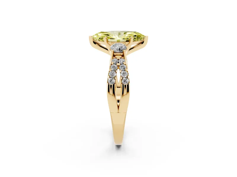 Fancy Yellow Marquise Cut Diamond Three-Stone Ring Set in Yellow gold with Pavé Split Shank and Prong Setting