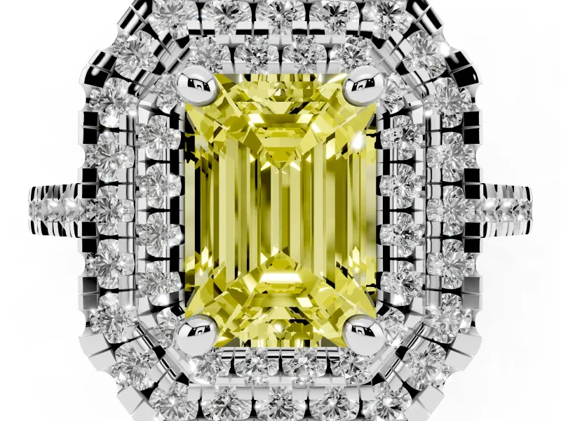 Fancy Yellow Emerald Cut Diamond Double Halo Statement Ring Set in White gold with Pavé Band