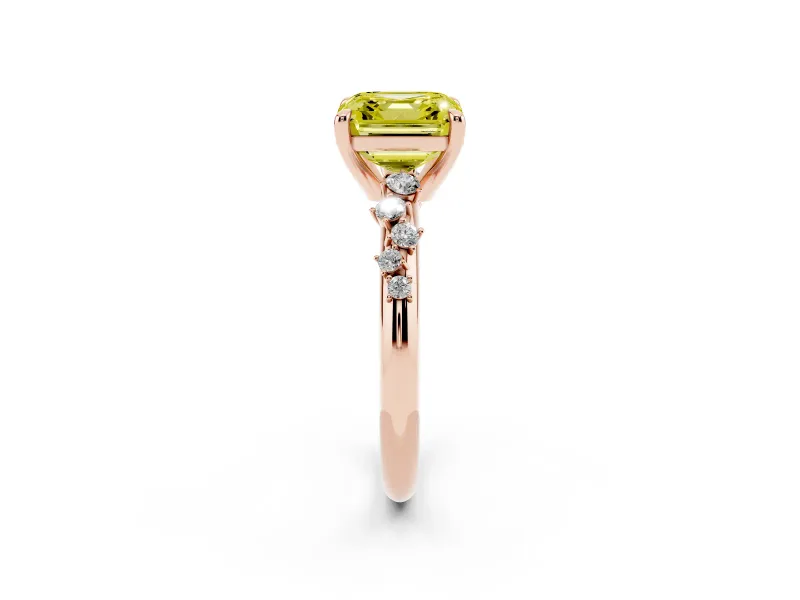 Fancy Yellow Asscher Cut Diamond Solitaire Vine Band Ring Set in Rose gold with Round Accents and Prong Setting