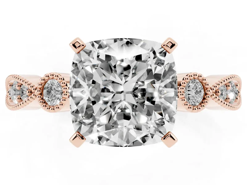 Cushion Cut Diamond Solitaire Engagement Ring Set in Rose gold with Milgrain Bezel Accent Band