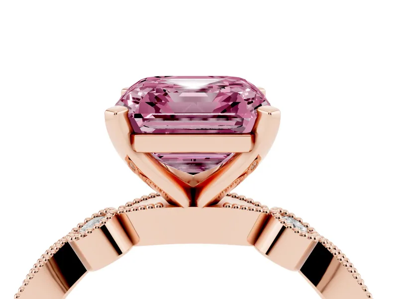 Fancy Pink Asscher Cut Diamond Solitaire Engagement Ring Set in Rose gold with Milgrain Bezel Accent Band