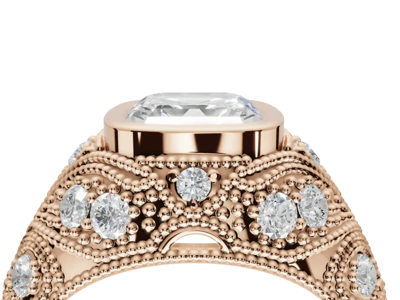 Asscher Cut Vintage Bezel Engagement Ring Setting | Beaded Paisley Shoulders | Rose Gold