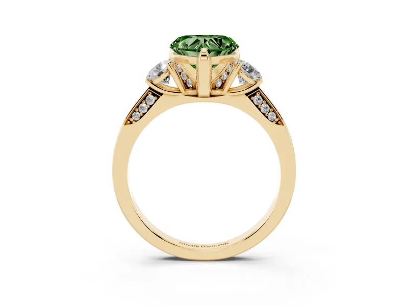 Heart-Shaped Hidden Halo Three Stone Engagement Ring Setting for a Fancy Green Lab-Grown Diamond | Yellow Gold