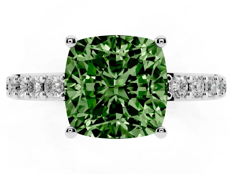 Fancy Green Cushion Cut Diamond Solitaire Set in Platinum with Round Pavé Band and Prong Setting
