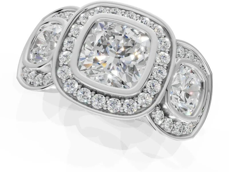 Cushion Cut Three Stone Halo Engagement Ring Setting | Bezel Set | White Gold