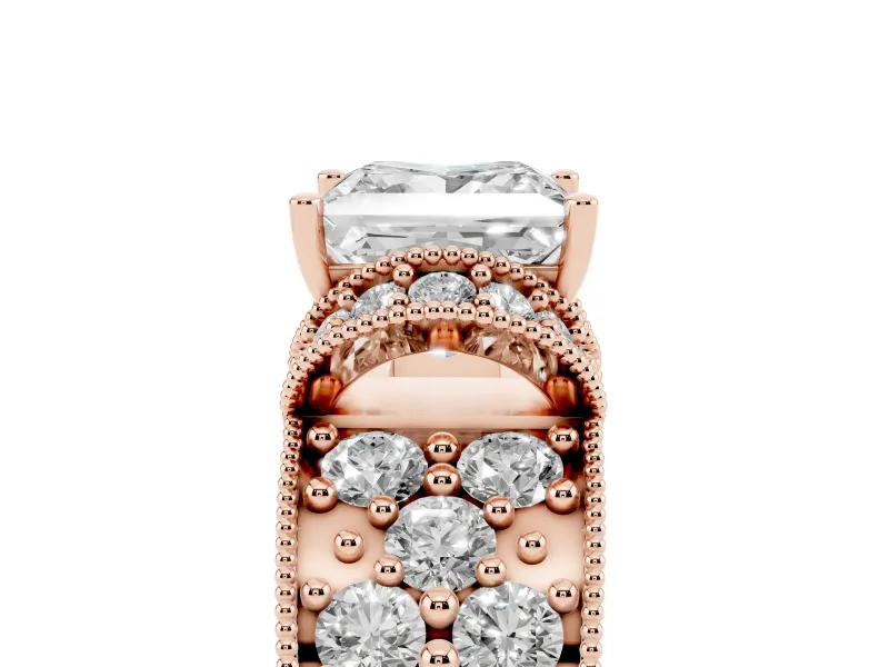Princess Cut Vintage Milgrain Pave Engagement Ring Setting | Crescent Side Rows | Rose Gold