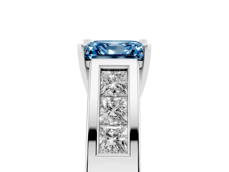 Fancy Blue Asscher Cut Diamond Solitaire Ring Set in Silver with Channel-Set Accent Stones and Prong Setting