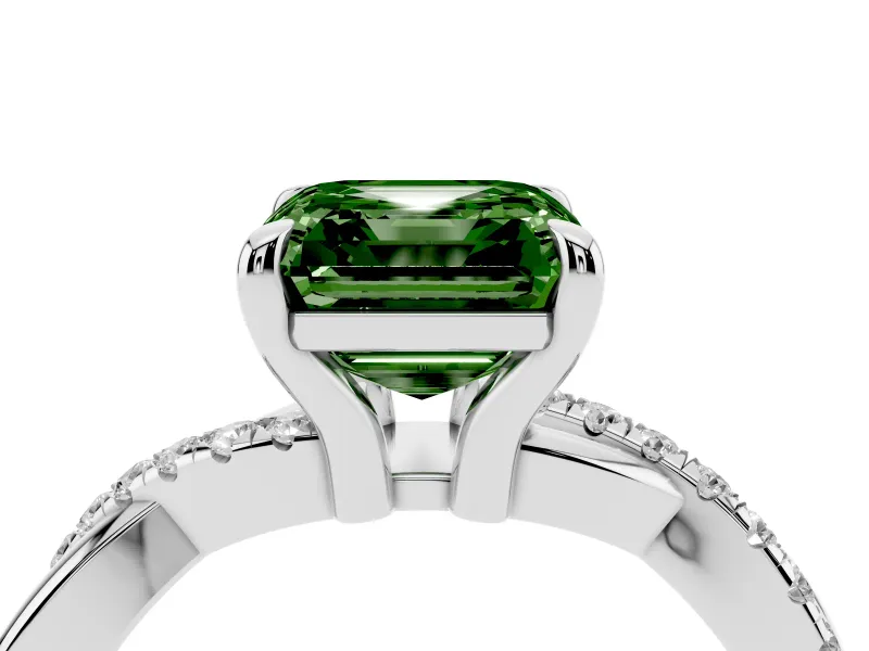 Fancy Green Asscher Cut Diamond Twist Band Solitaire Set in White gold with Pavé Accents and Prong Setting
