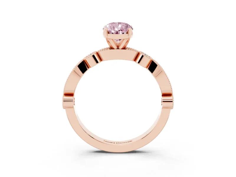 Fancy Pink Pear Cut Diamond Solitaire Engagement Ring Set in Rose gold with Milgrain Bezel Accent Band