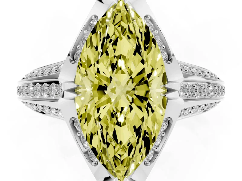 Fancy Yellow Marquise Cut Diamond Pavé Split Shank Solitaire Ring Set in Platinum with Prong Setting
