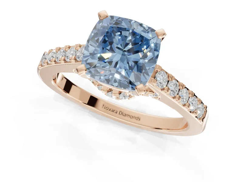 Cushion Cut Pavé Solitaire Engagement Ring Setting for a Fancy Blue Lab-Grown Diamond | Crossover Gallery | Rose Gold