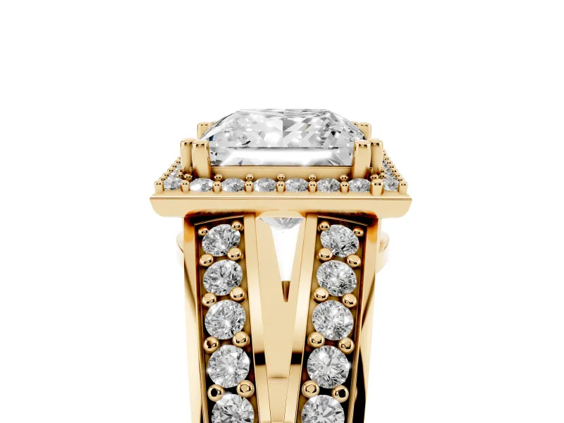 Princess Cut Halo Engagement Ring Setting | Two-Row Pave Split Shank | Yellow Gold