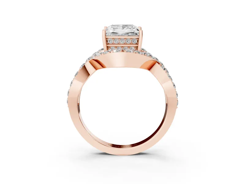 Princess Cut Diamond Solitaire Twist Band Pavé Engagement Ring Set in Rose gold