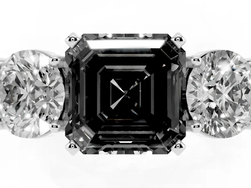 Asscher Cut Three Stone Engagement Ring Setting for a Black Center | Round Side Stones | Sterling Silver