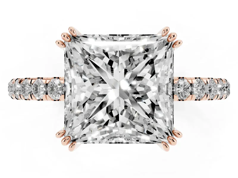 Princess Cut Diamond Brilliant Solitaire Set in Rose gold with Pavé Band and Claw Prong Setting